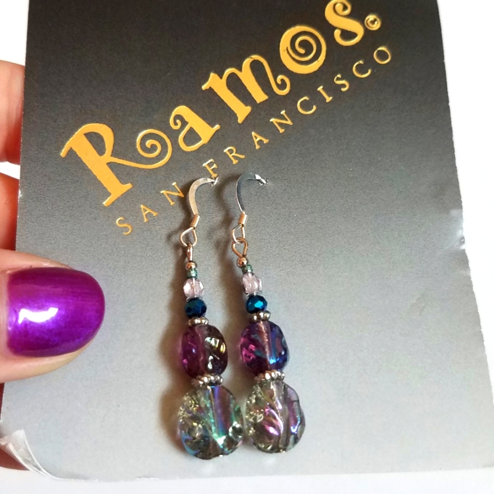 Hand crafted Iridescent Stacked Glass Bead Earrings